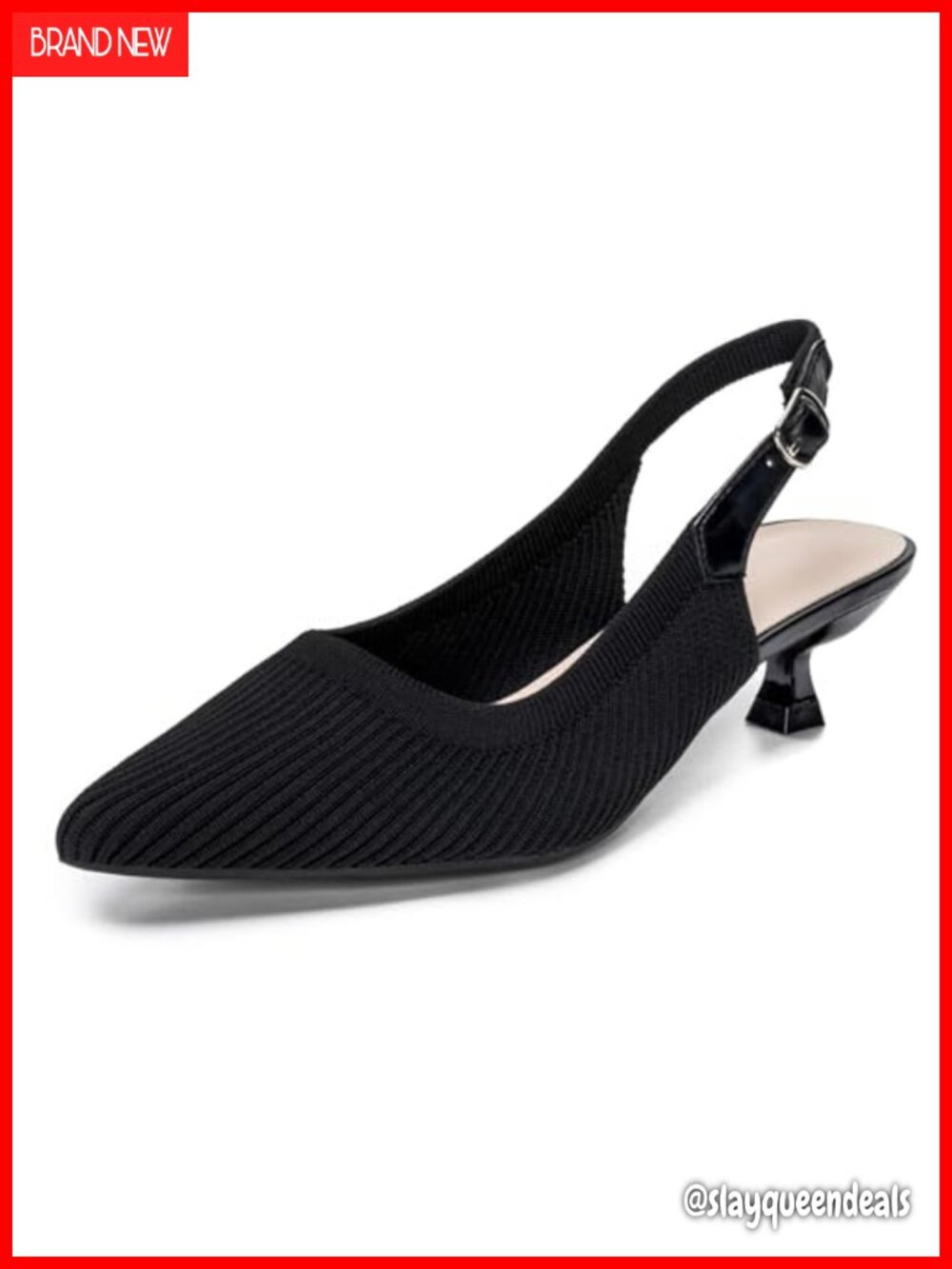Women's Adjustable Slingback Kitten Heel Pumps, Pointed Toe Knit Work Shoes